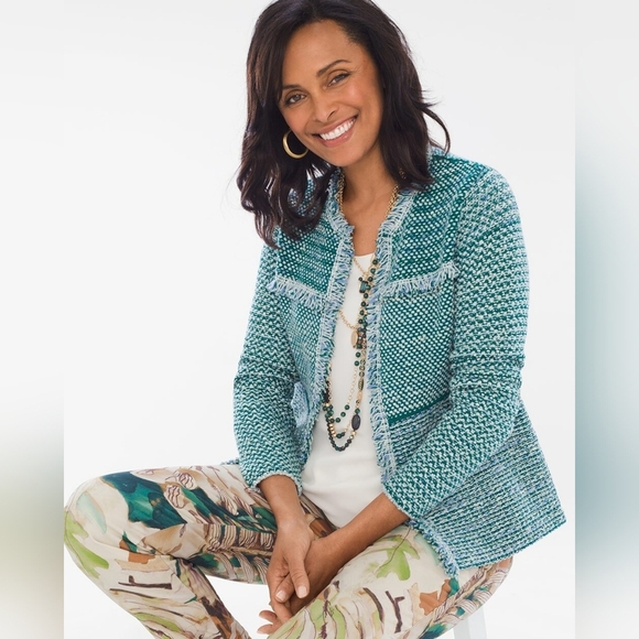 Chico's Teal Knit Tweed Fringe Business Casual Structured Cardigan Size Medium - Picture 1 of 8